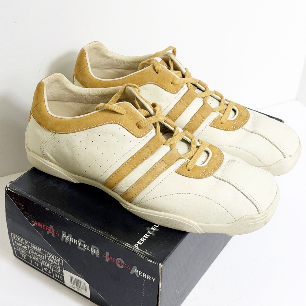 Perry Ellis Bracket Shoes Mens 13 Cream Natural Leather Suede Sneakers VTG Y2K